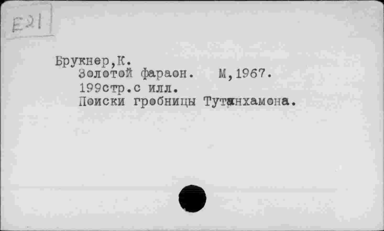 ﻿Брукнер,К.
Золотой фараон. М,19б7.
199стр.с илл.
Поиски гробницы Тутанхамона.